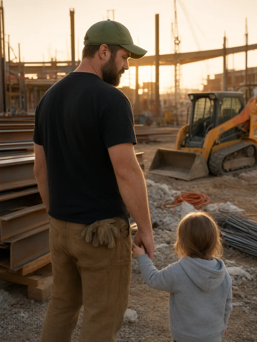 A bearded dad in a black tee holds his small kid's hand at a job site at golden hour.