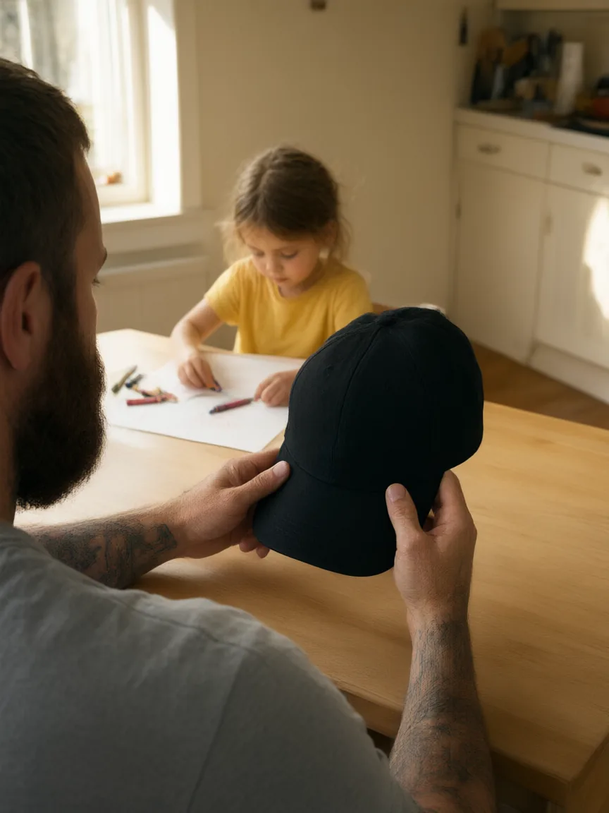A dad holds a black hat at the kitchen table while his daughter draws.