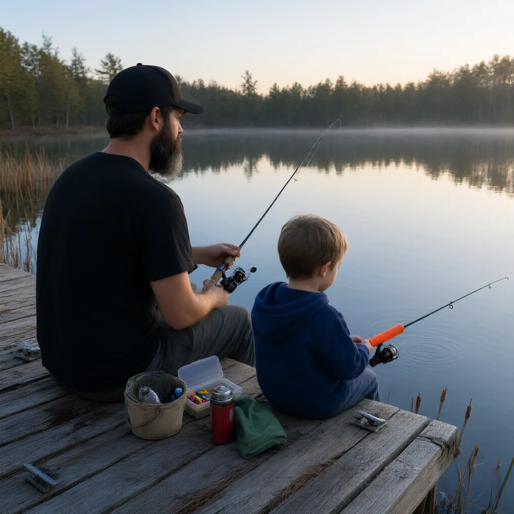 A dad in a black cap fishes off a dock with his son at dawn