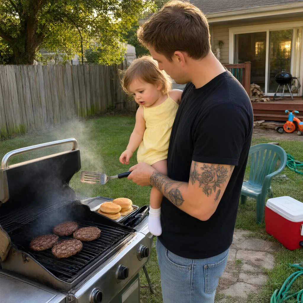 A dad flips burgers on the grill with his toddler on his arm