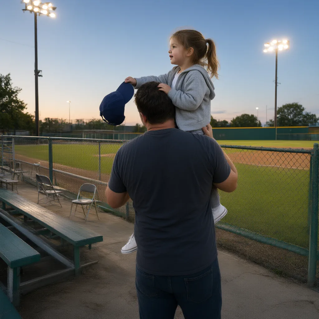 A girl on her dad's shoulders at the ballfield at dusk