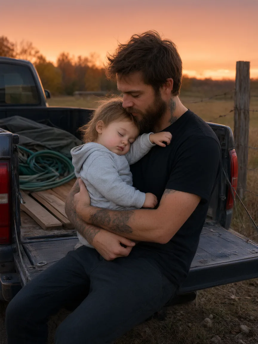 A dad holds his sleeping toddler in a truck bed at sunset